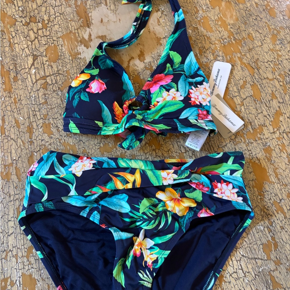 Tommy Bahama tropical bikini set 🌺 halter top XS + bottoms S gold bamboo ring